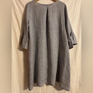 Bryn Walker linen bell sleeve shift boat neck 3/4 sleeve dress with ruffles.